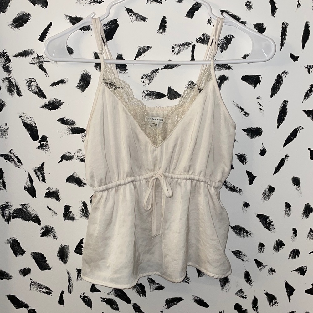American Eagle semi cropped baby tee baby doll tank top lace v neck cream y2k